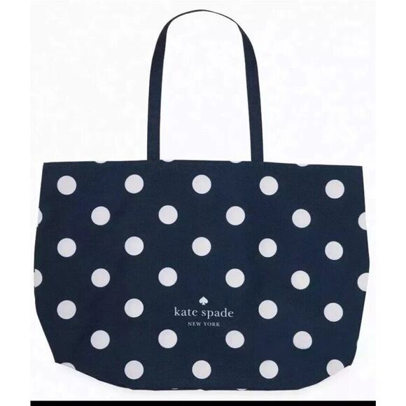 Kate Spade Dark Navy Blue Canvas Tote Large White Polka Dot 22" x 15" SEALED - Picture 1 of 4